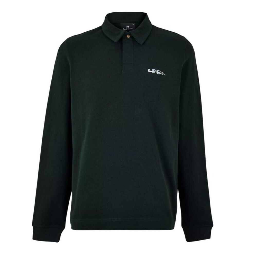 Paul Smith Mens Embroidered Logo Cotton Long-Sleeved Polo Shirt / Green